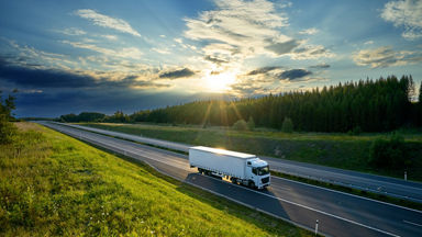 Semi-truck driving down an empty road surrounded by green land