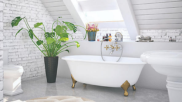 All white loft bathroom with a large plant and tub