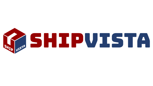 Blue and red package with words Ship Vista on two different faces; word SHIPVISTA written out in text next to box