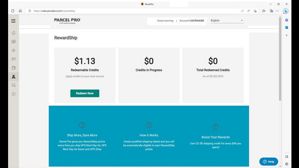 Parcel Pro RewardShip and credits screen