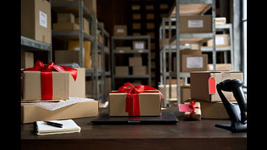 Table with laptop and gift boxes with sale tags on table in warehouse. Online ecommerce retail business black friday discounts deals, free shipping. Best buy holiday offers concept storage background.; Shutterstock ID 1832266981; purchase_order: Ted Bruner; job: ; client: ; other: 